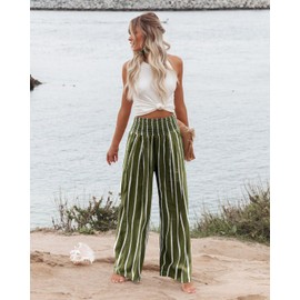 Angerella Women's Casual Wide Leg Palazzo Pants High Waisted Stripe Green Smocked Pant Lounge Trousers with Pockets S-3XL