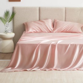 Love's cabin Full Size Satin Sheet Sets - 4 Piece Coral Silky Satin Sheet Set Full with Deep Pocket, Luxury Silk Feel Satin Bed Sheets Full Bedding Set (1 Flat Sheet,1 Fitted Sheet,2 Pillow Cases)