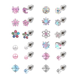 12 Pairs Screw Back Earrings for Women, Flatback Studs Surgical Stainless Steel Pearls Heart Star Zircon Hypoallergenic Cartilage Flat Back Stud Earrings Jewelry for Adults Women Gifts