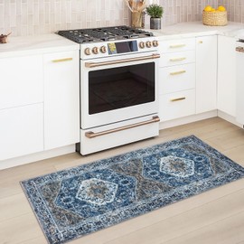 KOZYFLY Runners for Hallways 2x5 Ft Washable Kitchen Runner Rug Boho Runner Rug for Entryway Indoor Blue Printed Oriental Faux Wool Floor Carpet Runner for Laundry Room Kitchen Hall