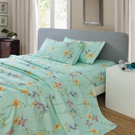 JSD Green Floral Printed Sheet Set King Size, 4 Piece Soft Botanical Microfiber Sheets Extra Deep Pocket