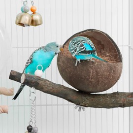 VTurboWay Natural Coconut Shell Bird Nest with Coconut Mat Breeding House Hut Cage with Perch Bell Home for Small Bird Parrot Cockatiel Conure Lovebird Canary Finch