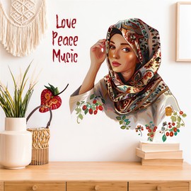Love Peace Music Girl Wall Stickers, sacinora Lovely Eastern Girl Art Wall Decals Removable Vinyl Peel and Stick for Teens Women Living Room Bedroom Children’s Room Home Decorations