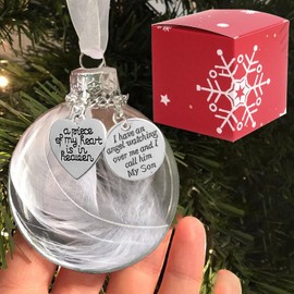 Clear Christmas Memorial Ornament Feather Ball, A Piece of My Heart is in Heaven, Memorial Gifts for Loss of Son Christmas Tree Hanging Pendant Sympathy Gift for Loss of Loved One