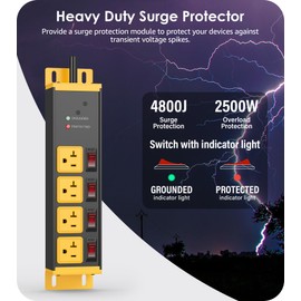 CCCEI Heavy Duty Surge Protector Power Strip 20 Amp Individual Switches. 10FT 12 Gauge Extension Cord with Multiple Outlets. Kitchen, Garage, Shop, Industrial Wall Mount Electric Extender, Yellow.