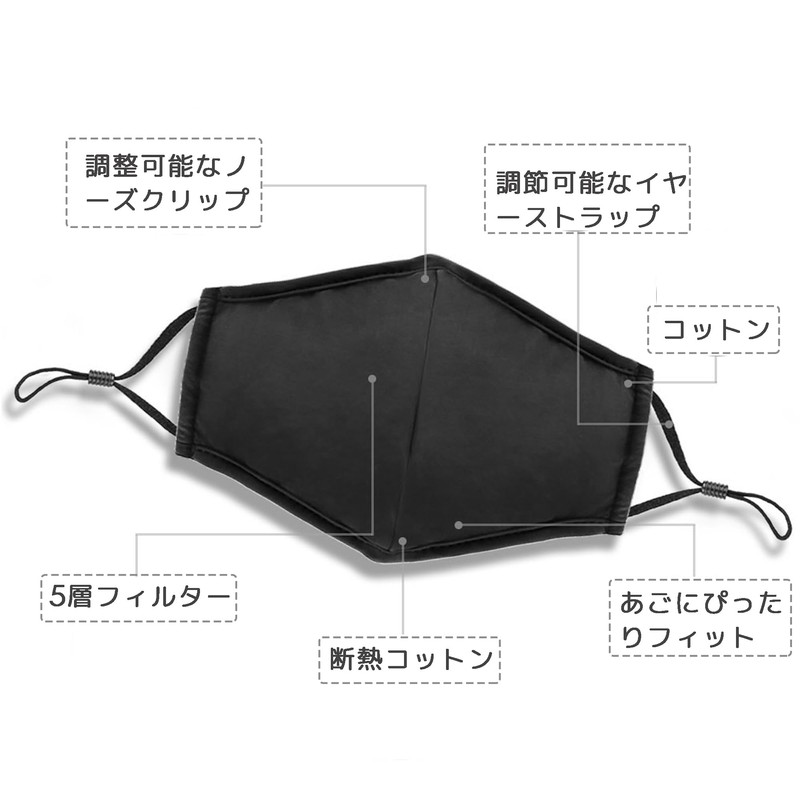 [DEVENTORZ] マスク 洗えるマスク 布マスク 立体マスク 2枚入 活性炭呼吸フィルター 5枚 耳ひも調節可能 耳が痛くなりにくい