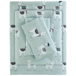 Sleep Philosophy True North Cozy Flannel Warm 100% Cotton Sheet - Novelty Print Animals Stars Cute Ultra Soft Cold Weather Bedding Set, Full, Seafoam Llama 4 Piece