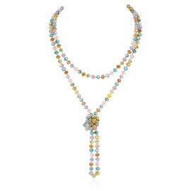 RIAH FASHION Hand Knotted Beads Endless Long Statement Necklace - Handmade Versatile Beaded Multi Layer Infinity Wrap 60" Sparkly Faceted Crystal Rondelle (Pastel Multi)