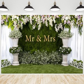 CRTPOD Wedding Backdrop Mr and Mrs White Curtain Floral Grass Wall Stone Planter Background Photography Banner for Bridal Shower Anniersary Party Decorations Photo Studio Photobooth Props 7x5ft