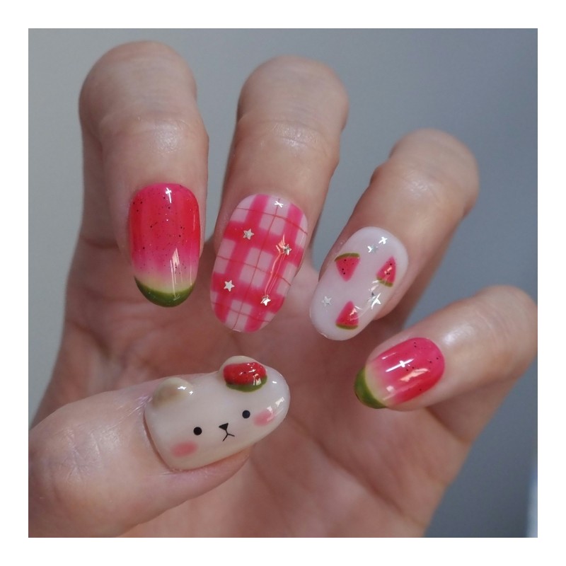 Tangle Pinky Watermelon Bear Handmade Nail Tip - Stiletto /