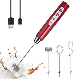 YUSWKO Red Milk Frother Handheld with 3 Heads, Coffee Whisk Foam Mixer with USB Rechargeable 3 Speeds, Electric Mini Hand Hand Frother for Latte, Cappuccino, Hot Chocolate, Egg