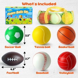 Billeeit Mini Sports Balls Set for Toddler 1-3, Sports Bag for Kids, Include 1 Each of 3.5" Foam Soccer, Tennis Ball, Basketball, Football, Baseball, Volleyball, Fun Baby Ball Toys, Set of 6