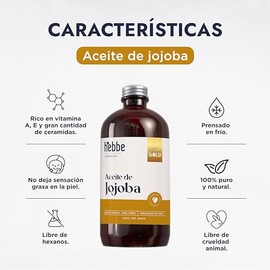 HEBBE - Aceite de Jojoba 500 g | Previene Líneas de Expresión, Propiedades Antiedad | Mayor Volumen a la Piel y Equilibrio en la Producción de Sebo | 