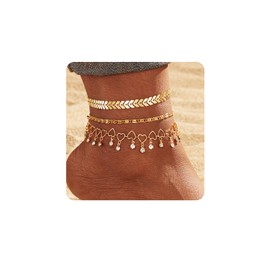 KISS WIFE Gold Anklets for Women, 14k Gold Plated Layered Cuban Figaro Link Chain Anklets Set, Dainty Waterproof Summer Beach Foot Jewelry (Gold-3)