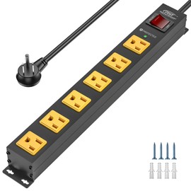 CRST 6 Outlet Surge Protector Power Strip 2100J with Switch, 15A/1875W Metal Heavy Duty Power Strip, Wide Spaced Wall Mount Power Bar for Garage Workshop Home School, 6 FT Cord（ Black+Yellow）