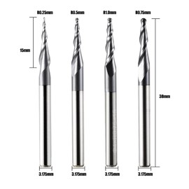 Set of 4 2 Flute Ball End Mills with Conical Tip CNC Engraving Cutter R0.25 mm-R1.0 mm 3.175 mm (1/8 Inch) Shank Solid Carbide Cutter for Router with TiAlN Coating for 2D and 3D Engraving