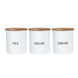 Coffee Sugar Tea Canister Set of 3 - Galvanized Metal With Wooden Lid - Beautiful Fancy Elegant Decorative Food Storage Jars Perfect for Farmhouse Kitchen Décor Restaurant Bar - 4.75 Inch - Off White