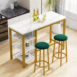 DKLGG 3-Piece Bar Table Set, Faux Marble Pub Table Kitchen Table Set with 3-Tier Storage Shelves, Dining Table Bar Table and Chairs, Counter Height Bar Table Set with 2 Stools for Small Space