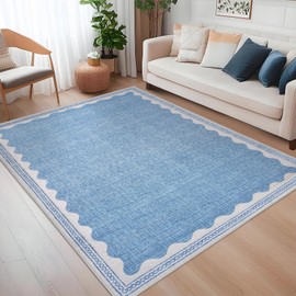 CAREMEE Scalloped Rug 4x6 Rugs for Entryway, Small Area Rugs Solid Blue Rug for Bedroom Girls, 4x6 Washable Rugs for Living Room, Non Slip Scalloped Bath Mat, Soft Dorm Nursery Carpet for Bedside