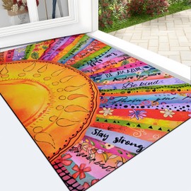 Likiyol Boho Sun Door Mat Outside Entrance, Colorful Floral Welcome Mat Front Door Mat Inspirational Quotes Non Slip Doormat Outdoor Indoor Entrance, Low Profile, Absorbent, 24" x 36"