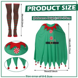 Berlune 7 Pcs Elf Poncho Costume for Women Santa Helper Outfit Elf Poncho Xmas Hat Jingle Bells Necklace Striped Socks Elf Shoes