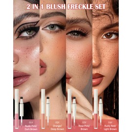 Freckle Blush Pen 2 in 1, Brown Freckle Stamp & Soft Matte Rose Pink Liquid Blush for Cheeks, Waterproof Long Lasting, Quick Dry Freckles Face Tattoo Summer Makeup Gift for Women 03