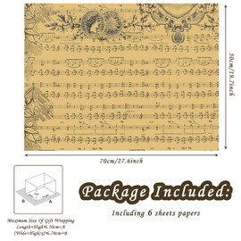 Music Wrapping Paper Vintage Musical Score Print Brown Kraft Gift Wrap Paper, 6 Sheets Folded Flat Large Newspaper for Women Men Packaging Flower, Birthday Christmas, Music Concert Gift Art Paper