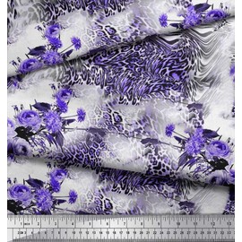 Soimoi Purple Moss Georgette Fabric Rose,Floral & Leopard Animal Skin Print Sewing Fabric BTY 42 Inch Wide