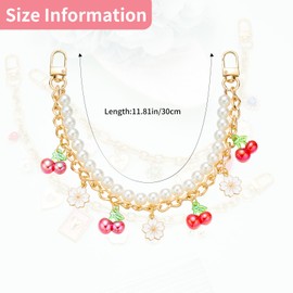 HUAAPLEVLA 2 Pcs Gold Bag Charms for Handbags Pearl Purse Extender Chain with Flower Charm and Acrylic Cherry Strawberry Pendant for Women Bag Purse Wallet Accessories