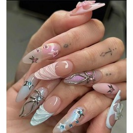LIyun&Hang 3D Press on Nails French With Magic Pink Tip Stiletto Shapes 24Pcs Glossy Full Cover Artificial Fake Nails, Metal Bowknot Design, Reusable Luxury jelly glue Stick On Nails(type-7)
