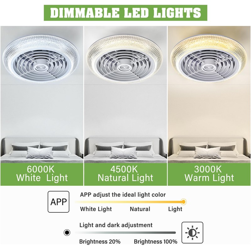 TCFUNDY Ceiling Fan with Light, 16" LED RGB Low Profile