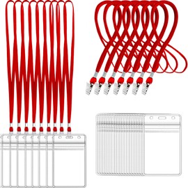 100Pcs Clear Plastic Name Tags Badge ID Card Holders and 100Pcs Black Lanyards with Clip (Red)