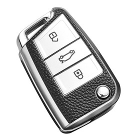 Misuyue Autoschlüssel Hülle für V-W Golf 7 Mk7 Polo MK6 Touran Tiguan Tarraco T-Roc Seat Leon Cupra Ibiza Skoda Octavia Superb Kodiaq, 3 Tasten Autoschlüssel Schutzhülle aus Leder und TPU (Silbrig)