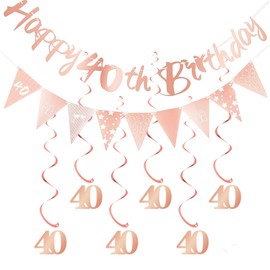 Melhope 40th Birthday Party Decorations Rose Gold Happy Birthday Bunting Banner Triangle Flag with 6pcs Hanging Swirls Streamers for Women Party Decor Supplies