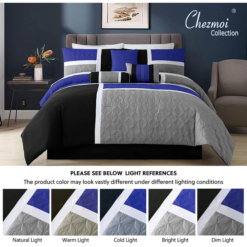 Chezmoi Collection Upland 7-Piece Quilted Patchwork Comforter Set, Blue/Black/Gray, Queen