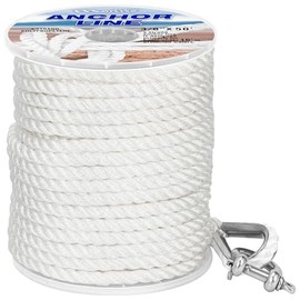 Boat Anchor Line 3 Strand Anchor Rope Black White Grey 3/8 Inch 50FT 100FT 150FT with Stainless Steel Thimble and Shackle for Boat (3/8" x50' White)