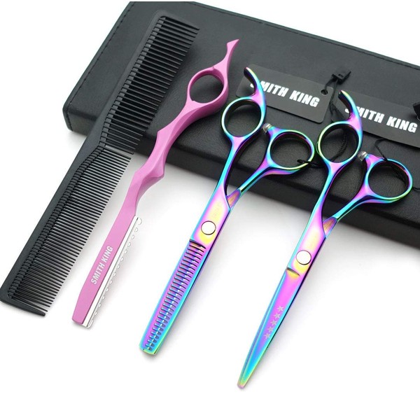 5.5 Inches Hair Cutting Scissors Set with Razor Combs Lether Scissors Case,Hair Cutting Shears Hair Thinning Shears for Personal and Professional (Raibow)