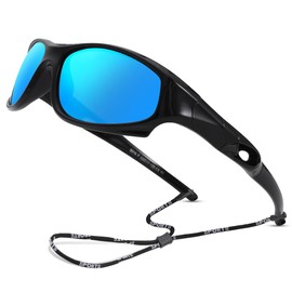 LIU·WEN Kids Sports Polarized Sunglasses - Flexible Youth Baseball Beach Sun Glass With Strap for Boys Girls Age 4-12(Black/Blue Mirrored)