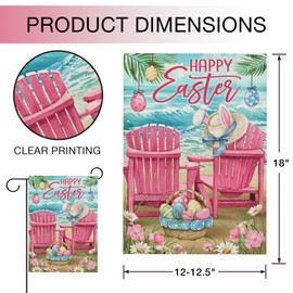 Hzppyz Happy Easter Sea Pink Chair Garden Flag Double Sided, Eggs Basket Ocean Coastal Beach Decorative Yard Outdoor Home Small Decor, Bunny Ears Hat Flowers Nautical Burlap Outside House Decoration