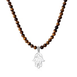 Hamsa Hand Amulet Pendant Tiger's Eye Beaded Necklace for Men