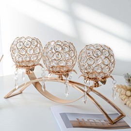 Kehail Set of 3 Gold Crystal Tea Light Candlestick Holders Flower Shape with Crystal Pendant Bowl Votive Metal Candle Holder for Table Centerpieces Wedding Home Decor (Gold, 3 arm)