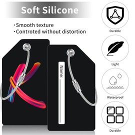 4 Pack Initial Luggage Tag for Suitcase, Colored Letter Silicone Bag Tags Identifiers Privacy Cover ID Label with Durable Steel Loop for Women Men Kids Girls Travel, Letter K