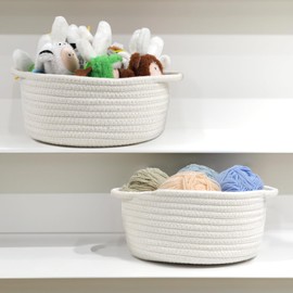 Small Woven Baskets with Handle, Set of 3 Cotton Rope White Baskets for Organizing, Cute Mini Tiny Decorative Boho Round Storage Basket Bathroom Organizer Bin, Empty Gift Basket for Birthday Nursery