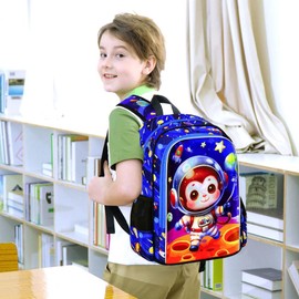 UFNDC 3PCS Monkey Bookbag for Boys, Kids Space Backpack with Lunch Box, Water Resistant Rocket School Bag for Elementary Preschool Toddler