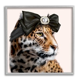 Stupell Industries Glam Leopard Fancy Hair Bow Safari Animal Fashion, Designed by Ziwei Li Gray Framed Wall Art, 17 x 17, Orange
