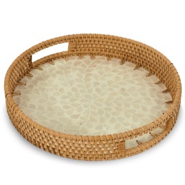KOLWOVEN Round Rattan Tray with Handle, Rattan Serving Tray with Mother of Pearl Inlay Wooden Base, Decorative Wicker Basket for Table Decor (White Leaves)