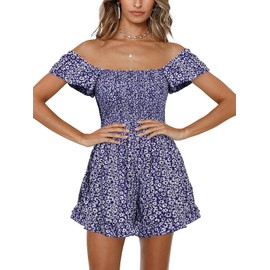 Jeanewpole1 Mono corto de pierna ancha floral para mujer con volantes, Azul marino/flor y brillo, S