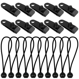 HOTUT Tarp Clips Set, 20 Pieces Tent Tarpaulin Clips, Tarpaulin Attachment, with 10 Tarpaulin Clips and 10 Tent Bungees Cords, Heavy Duty Tent Clamp, Tarpaulin Tensioner for Camping, Awning, Picnic