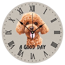 12 Inch Silent Non-Ticking Wall Clocks Battery Operated A Good Day Poodle Wooden Wall Decor for Home Pet Face Dog Custom Round Wooden Wall Clock Rustic for Dining Room Yoga Room