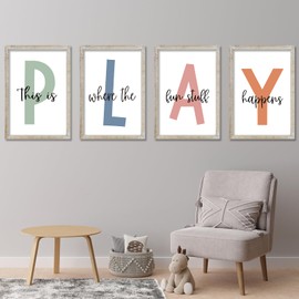 This Is Where The Fun Stuff Happens Kids Playroom Wall Art Decor 16x11 Inch Set Of 4 Rustic Kids Wood Framed Sign Toddler Modren Nursery Interesting Let's Play Prints Wall Hanging (White)